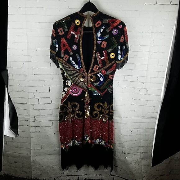 NAEEM KHAN RIAZEE VINTAGE SILK MULTI COLORED BEADED FRINGE SEQUIN PARTY DRESS - Picture 12 of 14